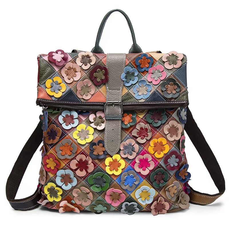 Leather Backpack Vintage - กระเป๋าเป้สะพายหลังหนังแท้สไตล์วินเทจสำหรับผู้หญิง กระเป๋าหนังวัวแท้ลายดอกไม้ กระเป๋าสะพายไหล่แฟชั่นแบบเย็บปะติดปะต่อ กระเป๋าเดินทางหนังวัวสำหรับผู้หญิง