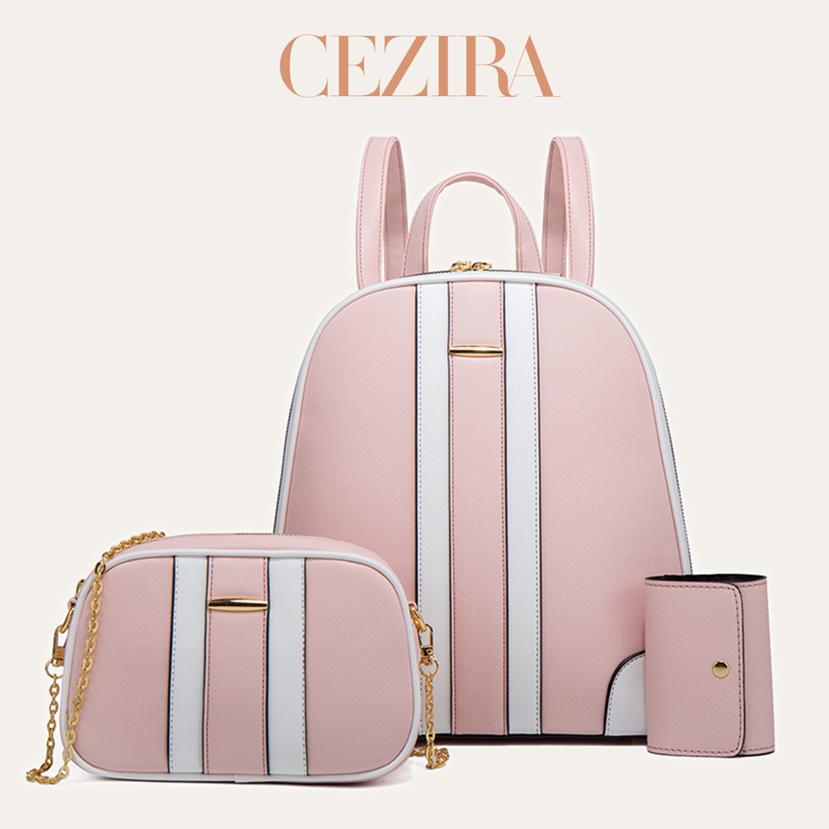 Fashion Backpack Women - ชุดกระเป๋าเป้สะพายหลังลายทาง CR Fashion สำหรับผู้หญิง ทำจากหนังวีแกน PU